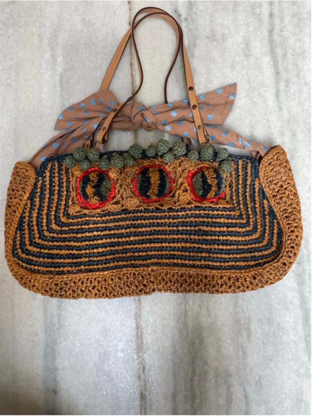 Sans-Arcidet Paris Raffia Straw Tote Bag Boho Crochet Pom Pom Beach